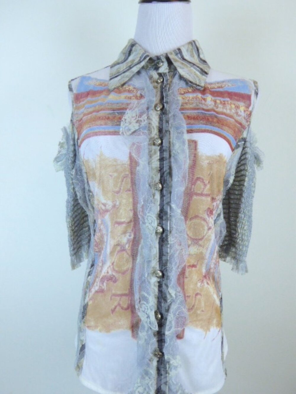 Save the Queen Short Sleeve open shoulder lace top M made in Italy